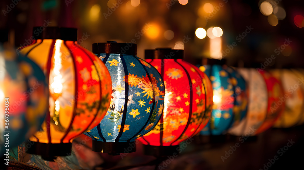 Colorful Lanterns Illuminated in a Warm Ambience.