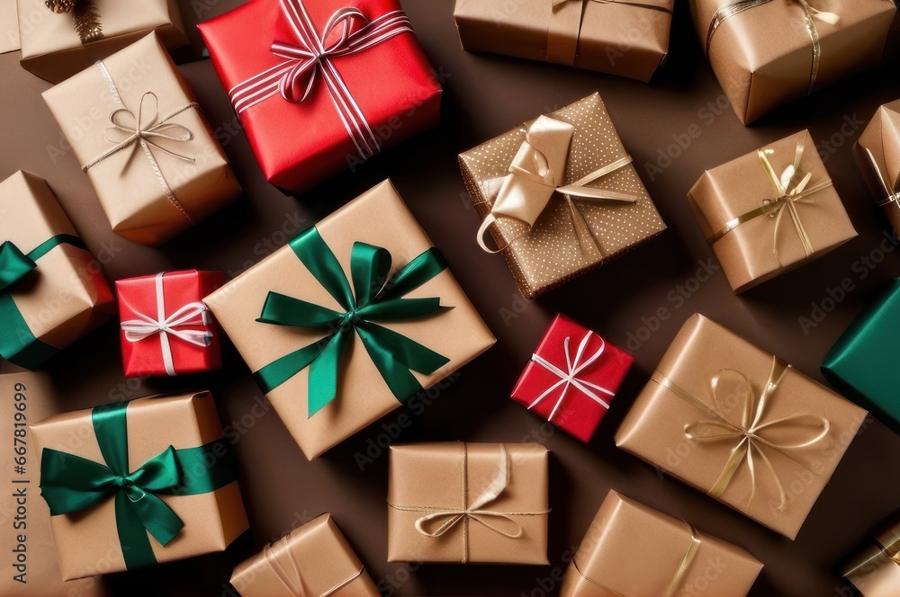 Winter Holidays Concept, Christmas Gifts Wrapped in Craft Paper with Red and Golden Ribbon, Top View. Overhead view of many Christmas presents wrapped with craft paper on paper surface