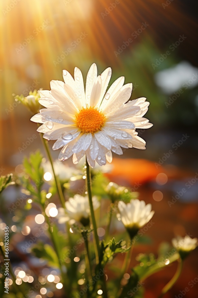 Daisy Blossom, with Yellow Sunbeams in the Morning or Evening of Spring