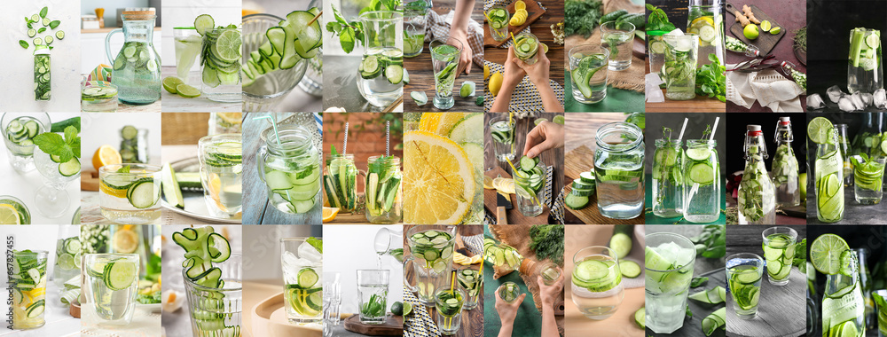 Big collage with fresh cucumber infused water