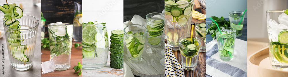 Collage with fresh healthy cucumber infused water