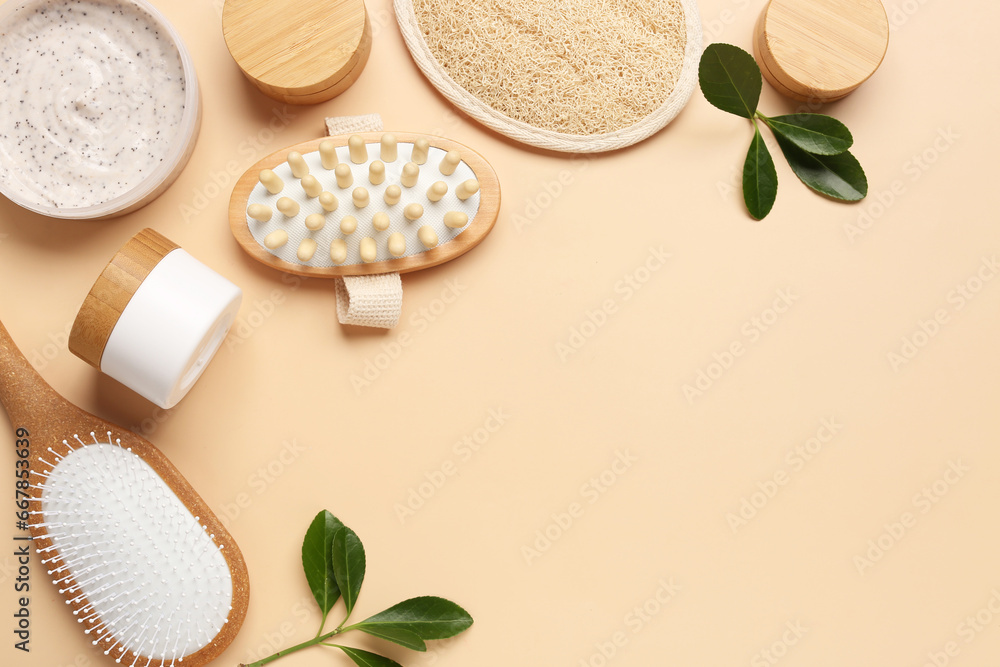 Composition with different bath accessories and cosmetics on color background