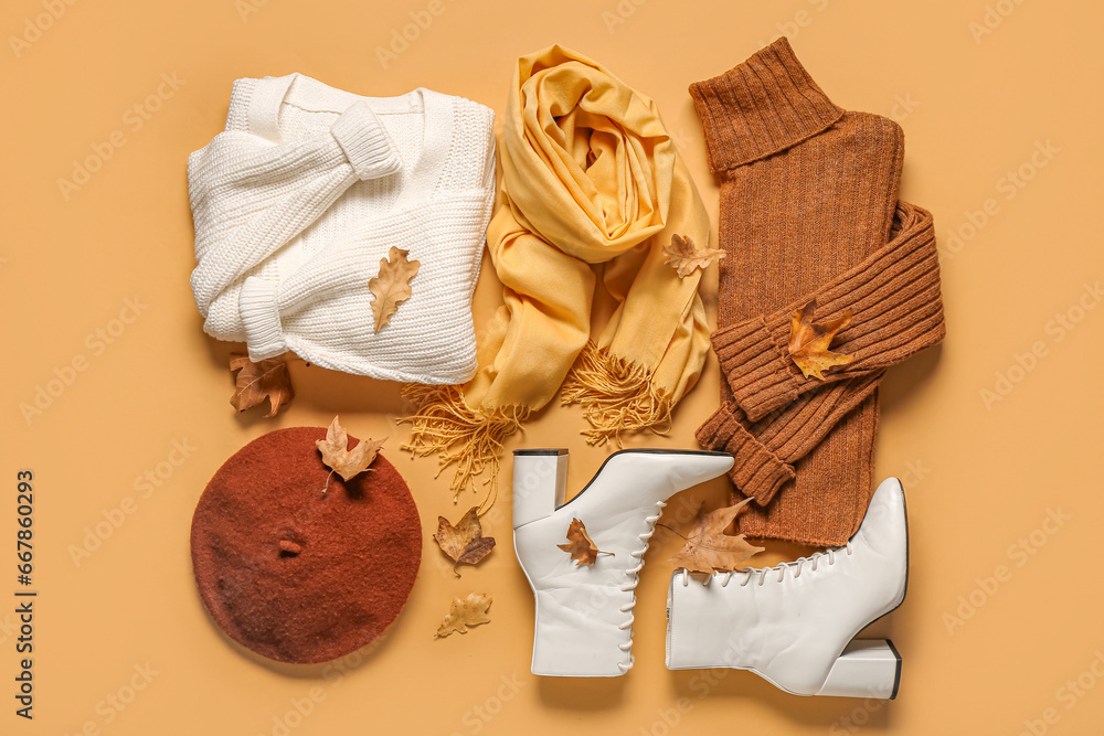 Composition with stylish female clothes, shoes and autumn leaves on color background