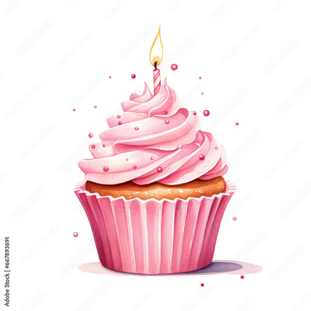 watercolor pink birthday cupcake with candle isolated