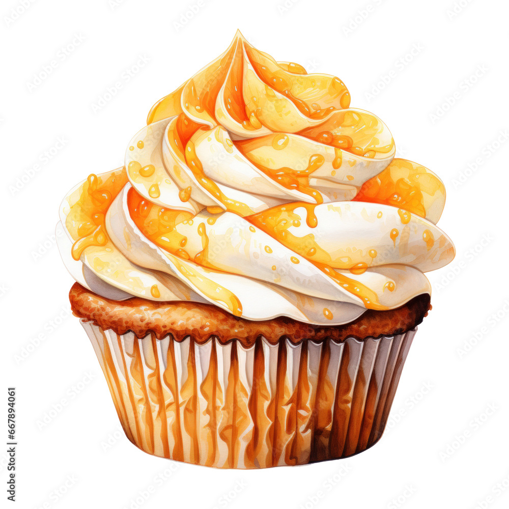 watercolor cupcake with orange isolated