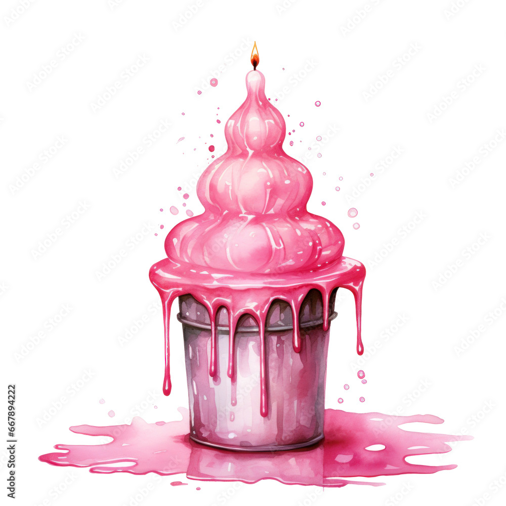 watercolor pink birthday cupcake with candle isolated