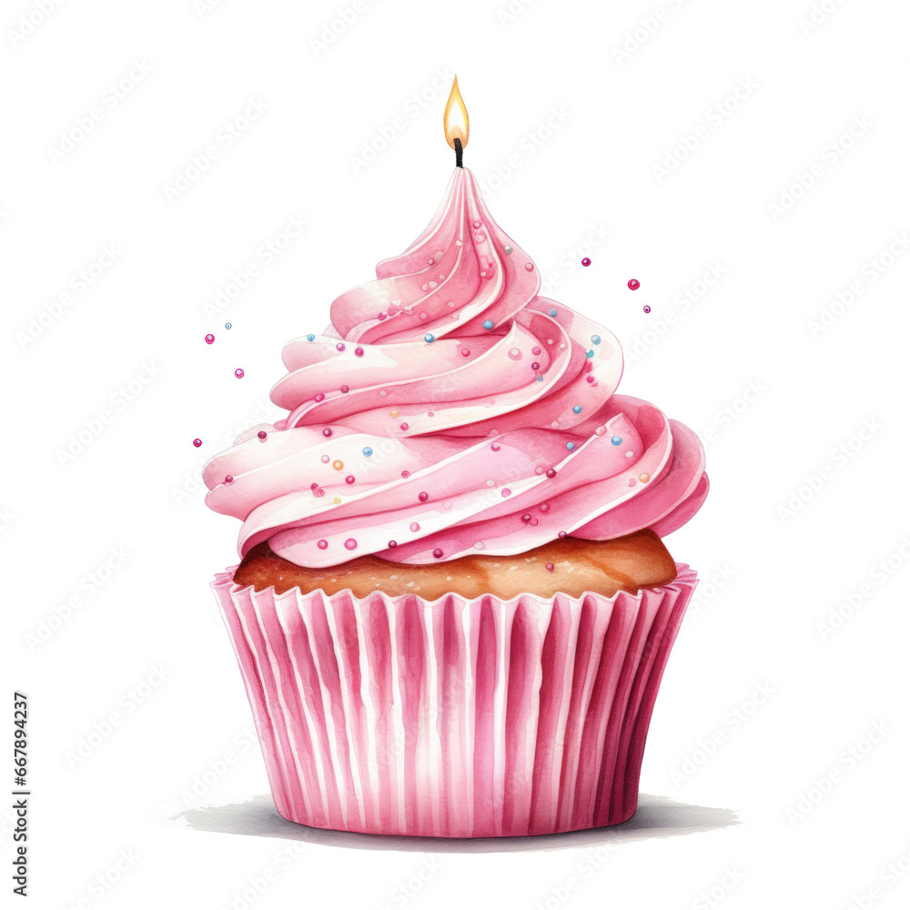 watercolor pink birthday cupcake with candle isolated