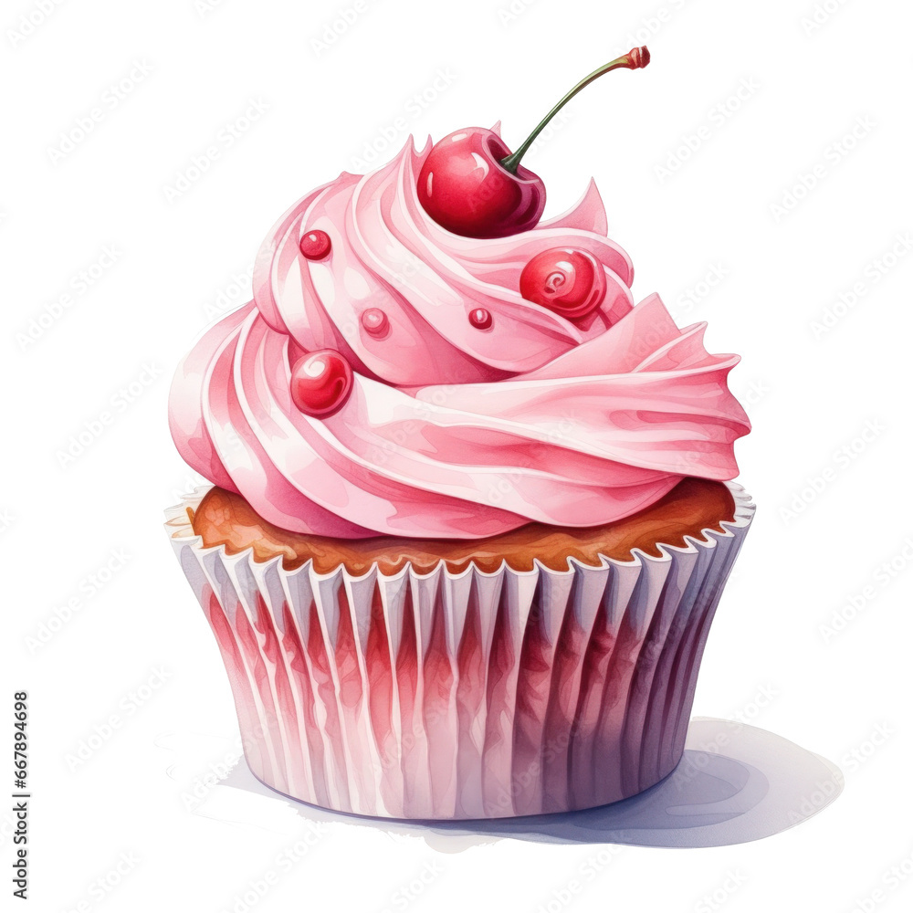 watercolor cupcake with cherry isolated