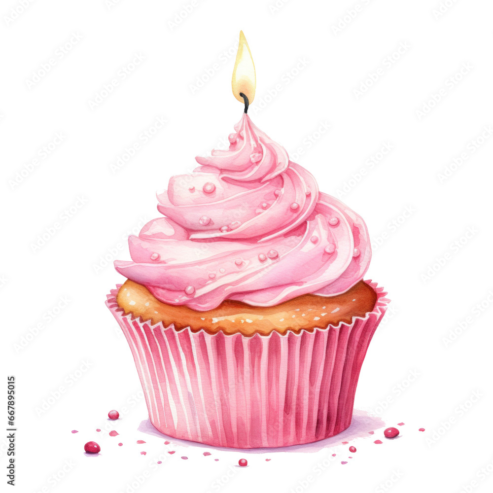 watercolor pink birthday cupcake with candle isolated