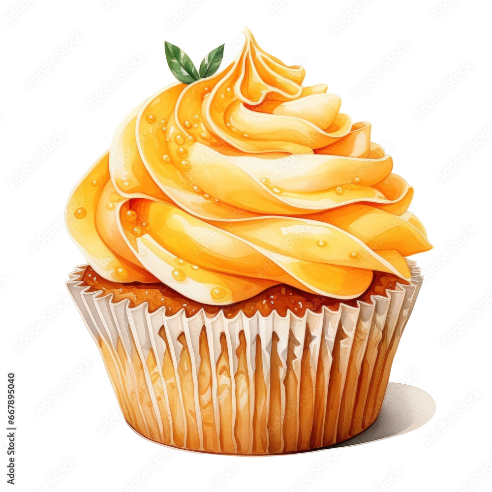 watercolor cupcake with orange isolated