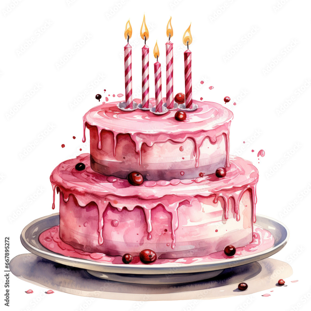 watercolor pink birthday cake with candles isolated