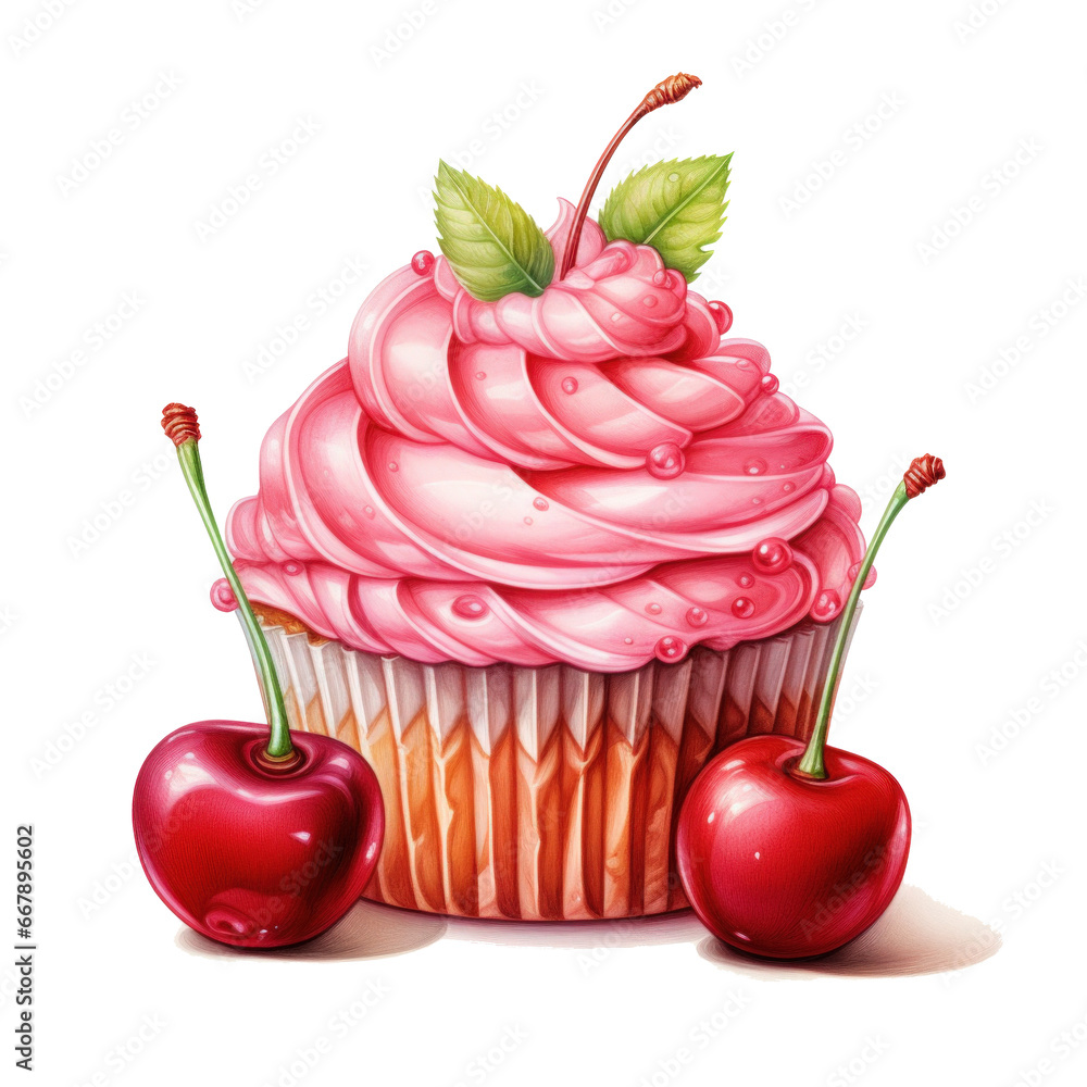 watercolor cupcake with cherry isolated