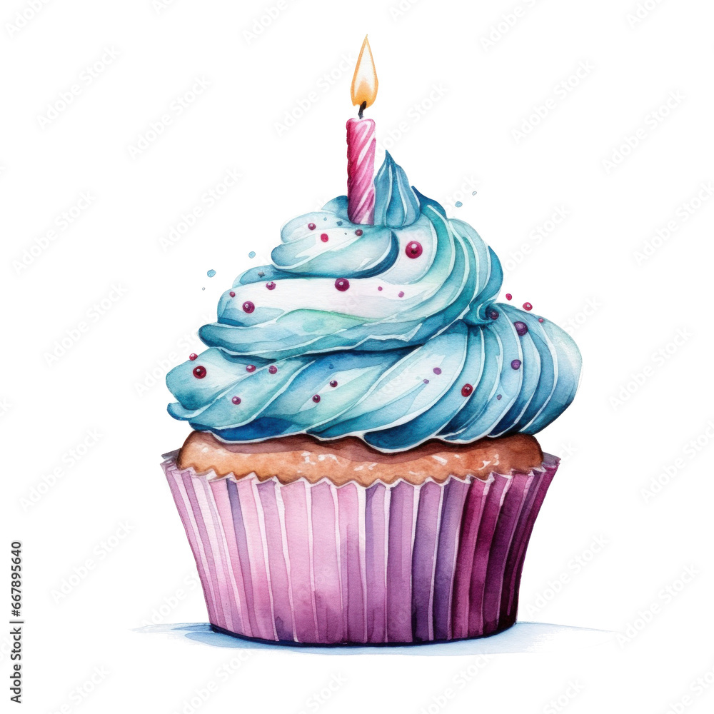 watercolor vivid birthday cupcake with candle isolated