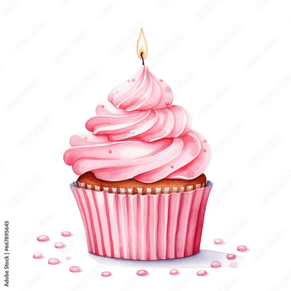 watercolor pink birthday cupcake with candle isolated