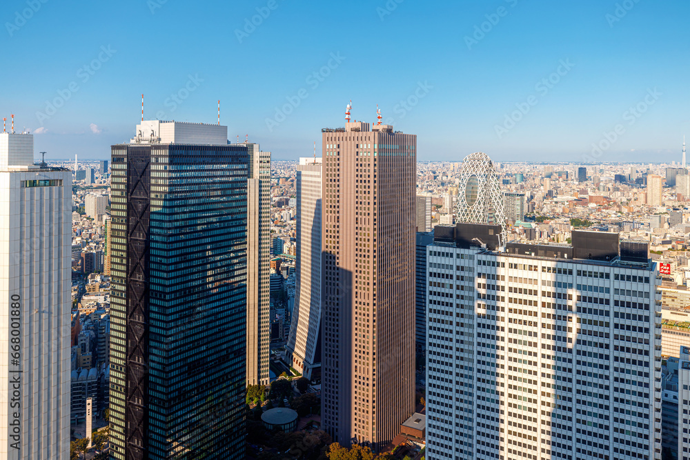 Skyscrapers towering above the cityscape of Nishi-Shinjuku, Tokyo, Japan