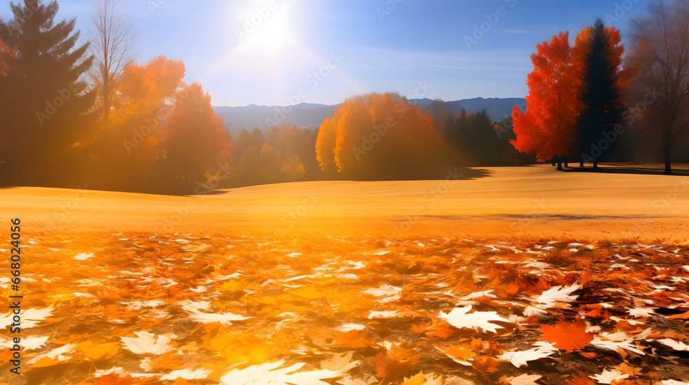 Beautiful bright colorful autumn landscape with a yellow leaves. Natural park with autumn trees on a bright sunny day