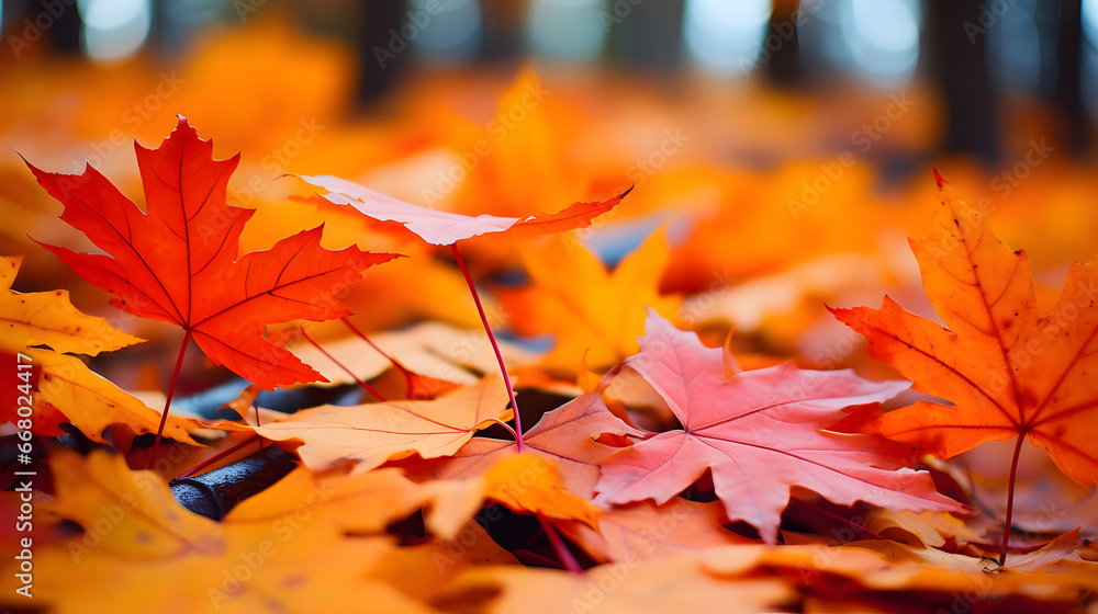 red maple leaves, Red autumn maple leaves laying on the forest ground