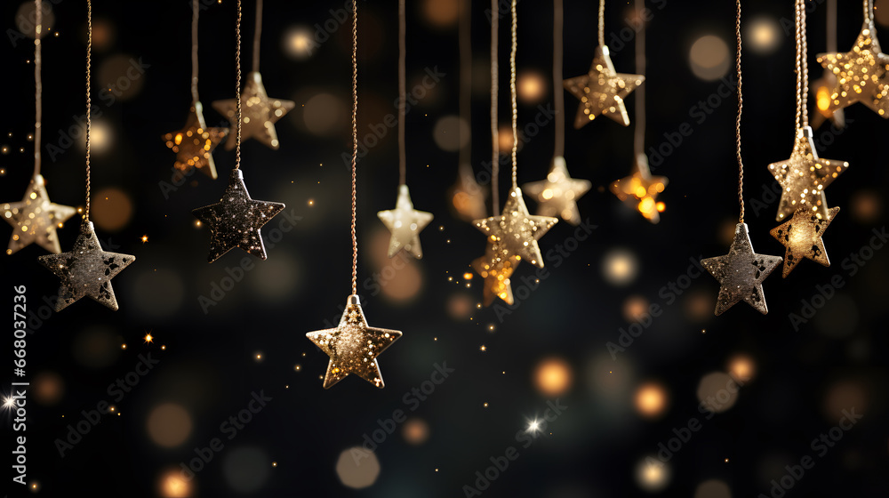 merry christmas background, Swinging gold christmas stars with snowflakes over light spots on black background