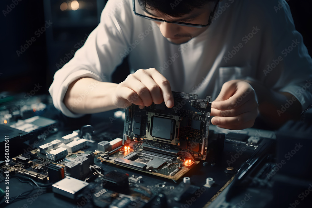 The technician repairing the computer, computer hardware, repairing, upgrade and technology,