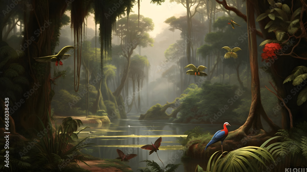 Wallpaper jungle and leaves tropical forest mural river and birds butterflies, vintage digital painting illustration