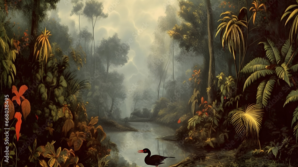 Wallpaper jungle and leaves tropical forest mural river and birds butterflies, vintage digital painting illustration