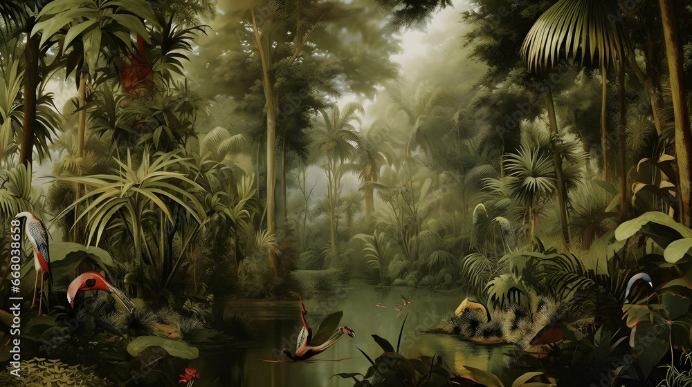 Wallpaper jungle and leaves tropical forest mural river and birds butterflies, vintage digital painting illustration