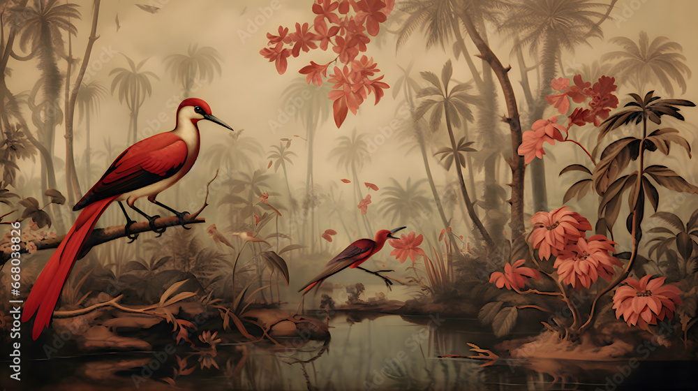 Wallpaper jungle and leaves tropical forest mural river and birds butterflies, vintage digital painting illustration