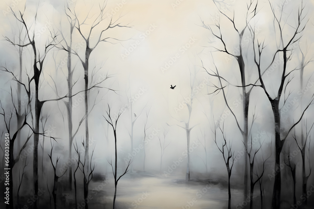 Watercolor drawing forest landscape of dry trees in autumn with birds and fog background, digital painting