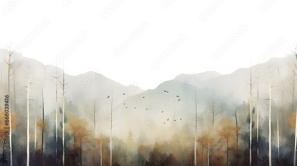 Watercolor drawing forest landscape of dry trees in autumn with birds and fog background, digital painting