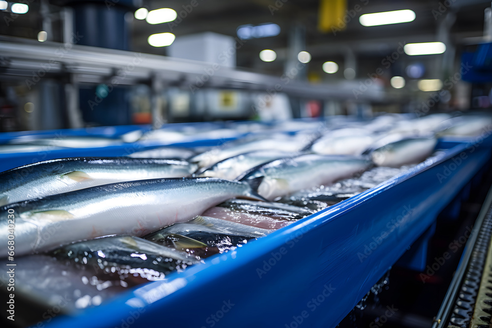 A conveyor belt in a fish processing factory with a line of fresh trout, fresh fish