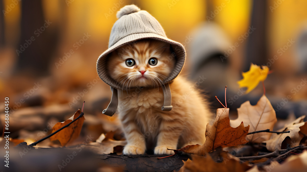 cat in autumn, A cute little kitten is wearing a hat, posing in an autumn park 