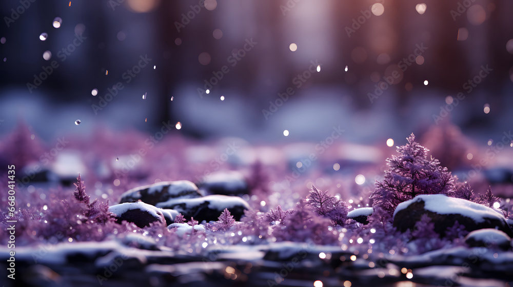 Abstract snowflake and purple bokeh particles floating illustration purple background. white particles on purple  background with cinematic atmosphere. 