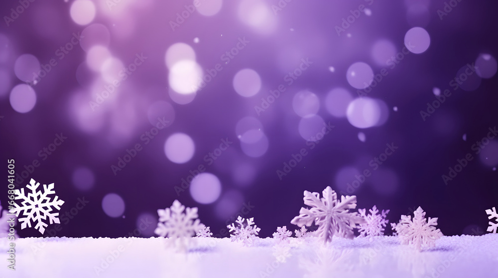 Abstract snowflake and purple bokeh particles floating illustration purple background. white particles on purple  background with cinematic atmosphere. 