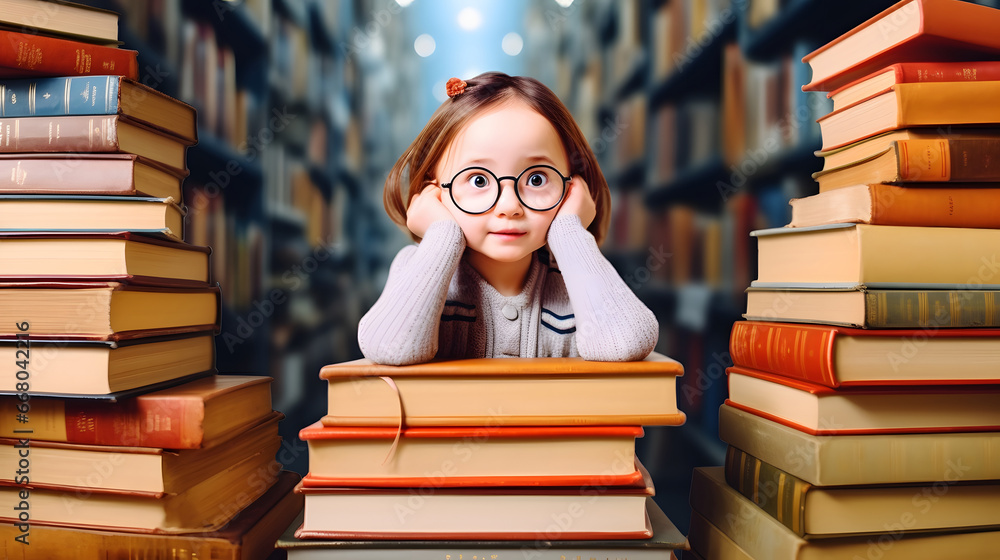 woman reading book in library, a beautiful girl among the huge stacks of books in the library. The concept of self-education, preparation for lessons or exams.