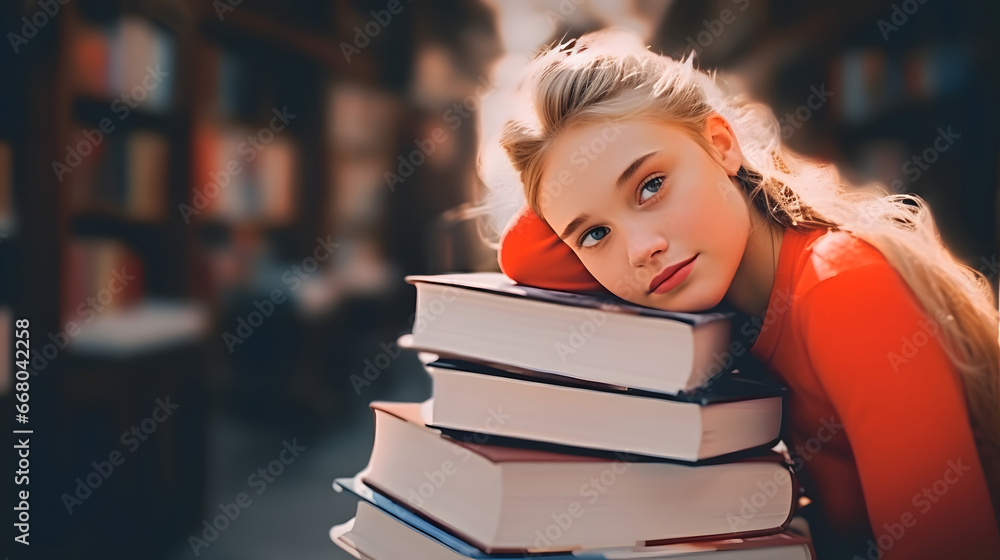 woman reading book in library, a beautiful girl among the huge stacks of books in the library. The concept of self-education, preparation for lessons or exams.