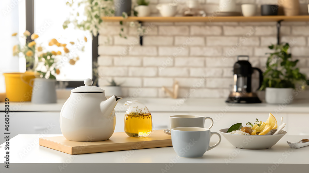 Interior of light kitchen with teapot, cup and snacks on table, minimalist style