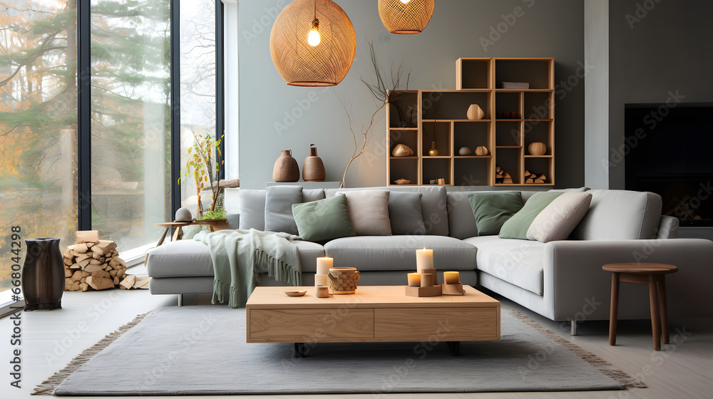 Interior of stylish living room with cozy grey sofas and coffee table on soft carpet, modern style  interior