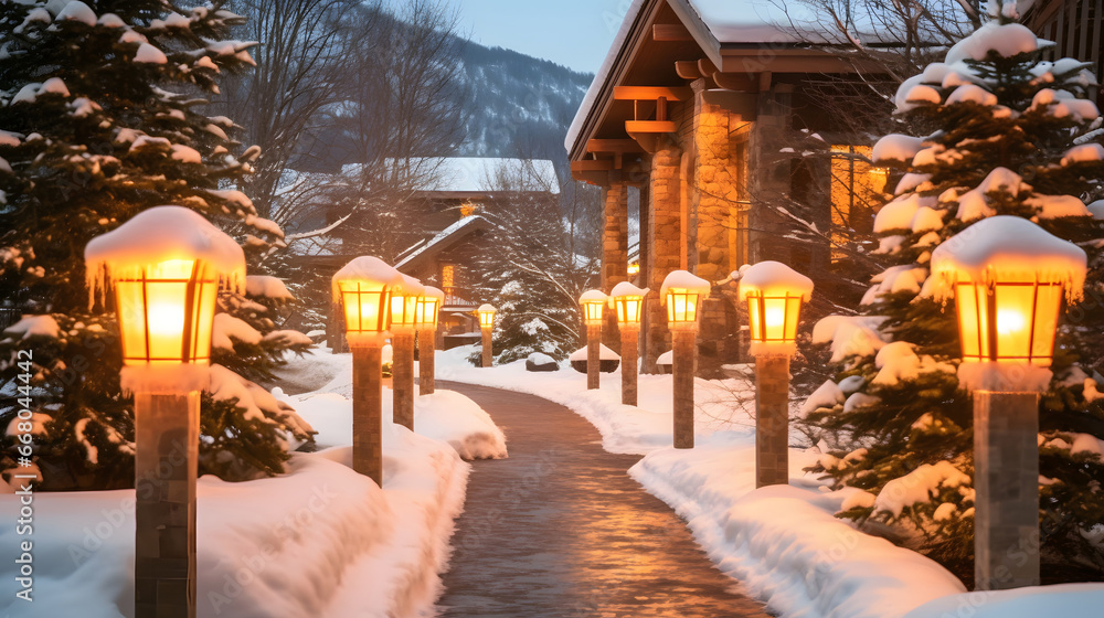 sky village, A snow-covered winter wonderland with a charming village and illuminated holiday lights, setting the scene for a magical Christmas evening