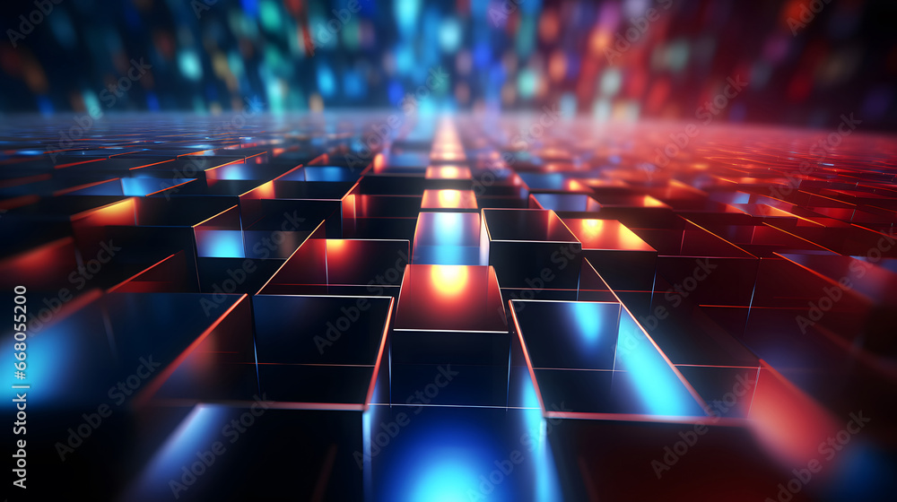 abstract lights background loop, abstract blue red green neon background with unfocussed glowing lines and bokeh lights. Blurry wallpaper, 3d render