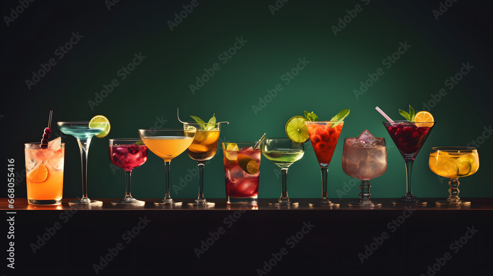 Alcoholic cocktails set, Variety of alcoholic drinks and multi colored cocktails on the reflective surface of bar counter