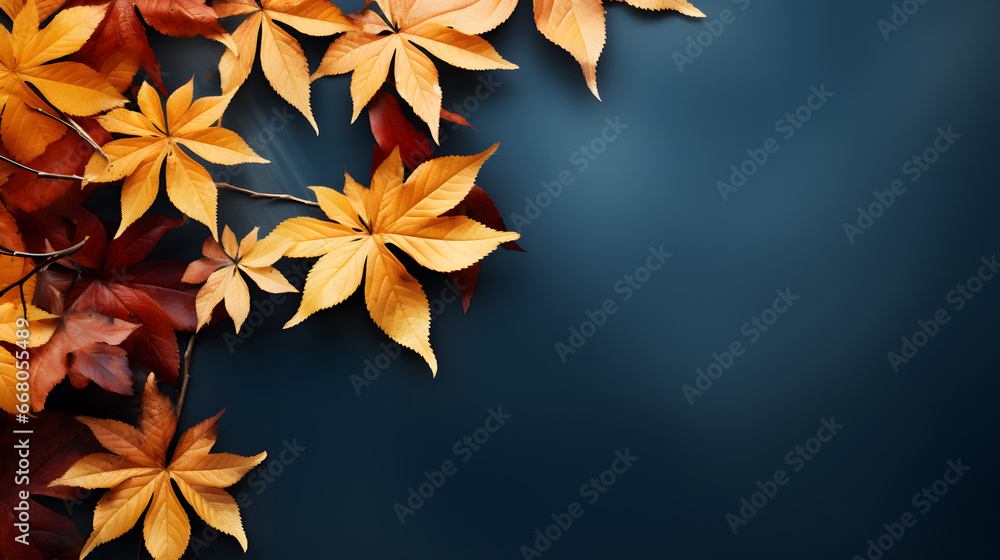 red Autumn leaves background  on dark blue background. Top view, copy space