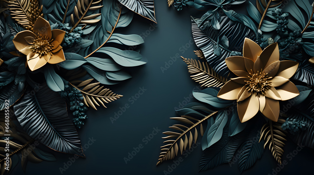 autumn leaves background, Beautiful luxury dark blue textured 3D background frame with golden green and blue tropical leaves.