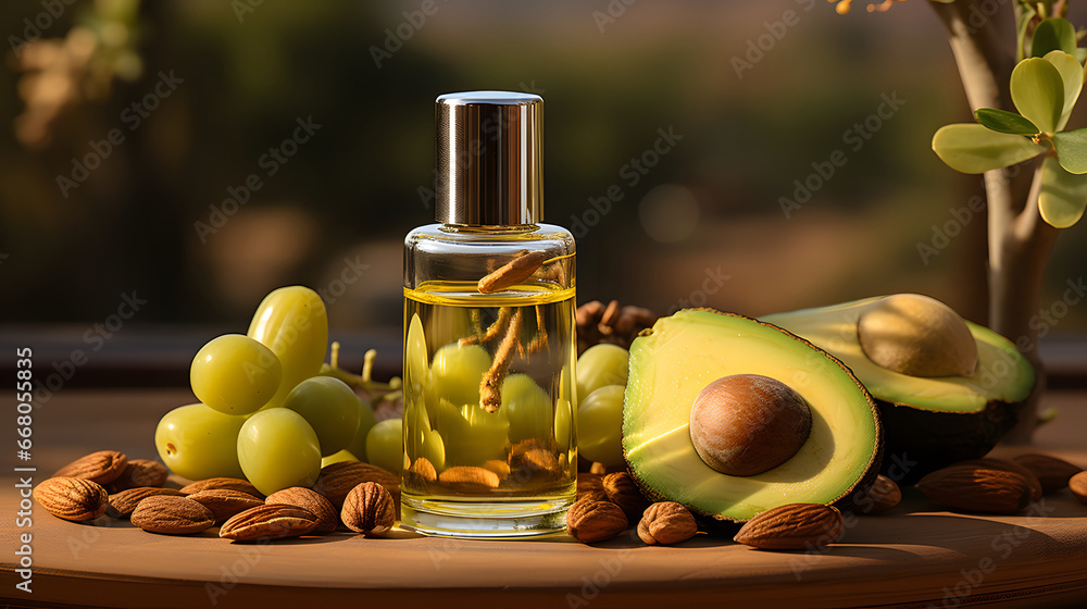 Fruits and nuts jojoba oil drop falls into the bottle Concept idea of cosmetic oils for hair of face and body.