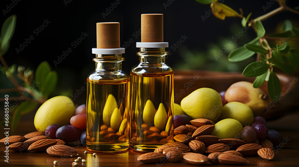 Fruits and nuts jojoba oil drop falls into the bottle Concept idea of cosmetic oils for hair of face and body.