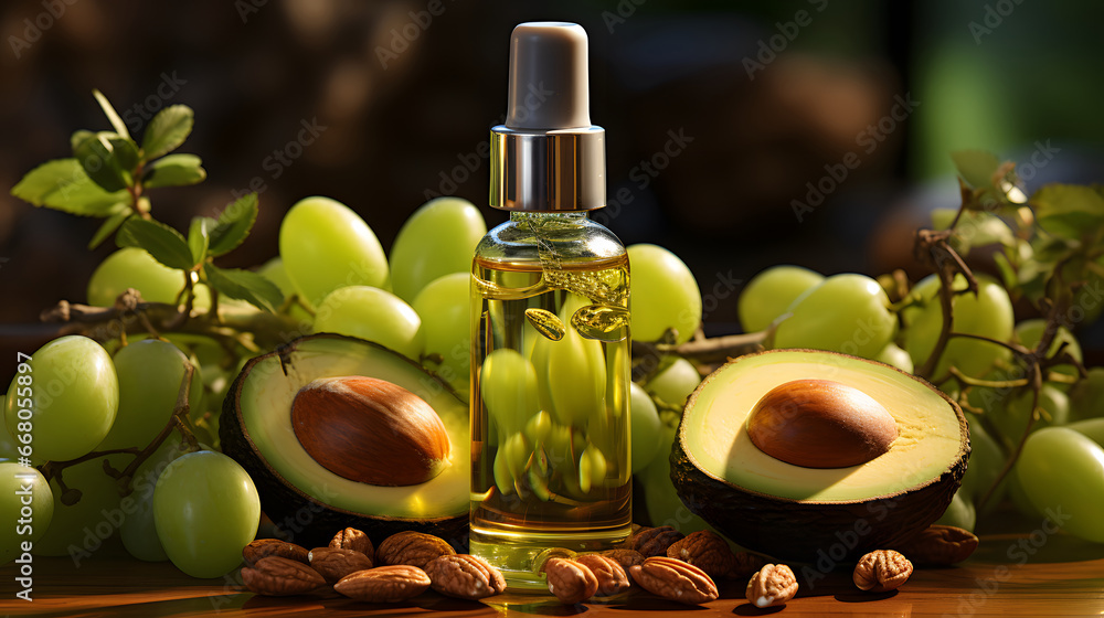 Fruits and nuts jojoba oil drop falls into the bottle Concept idea of cosmetic oils for hair of face and body.