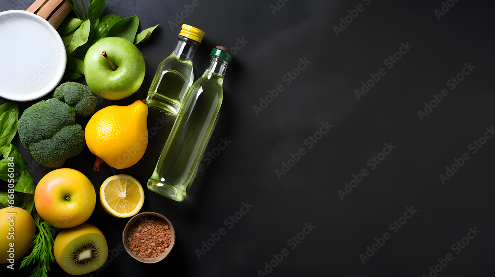 Healthy lifestyle, food and sport concept. Top view of athletes equipment Weight Scale measuring tape green dumbbell, sport water bottles, fruit and vegetables on gray background.