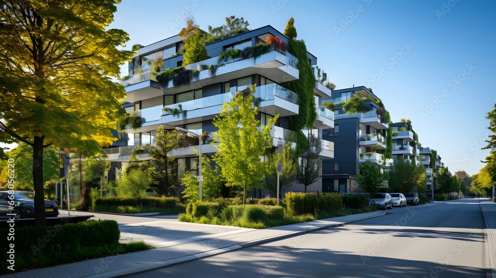 Modern apartment buildings in a green residential area in the city, eco city concept