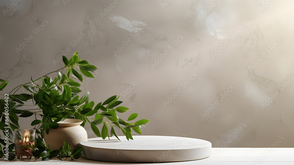 Original template for spa product presentation. Pedestal of marble slabs and branches with green leaves against background of wall in bathroom with masonry in light beige colors