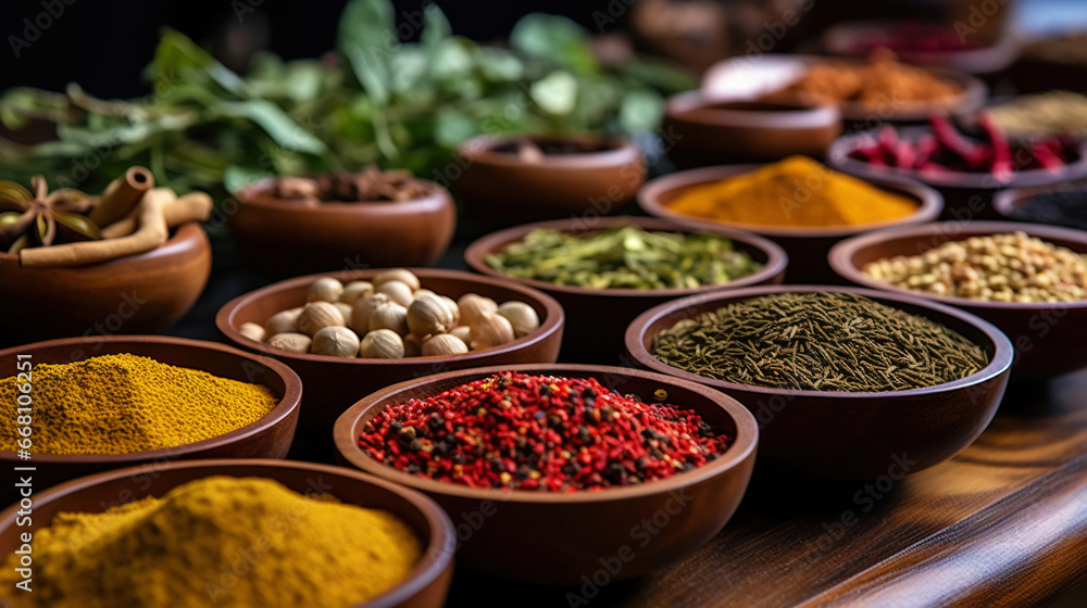 Collection of different aromatic spices, seeds and herbs in a small plates on wooden table, side view. Generative AI