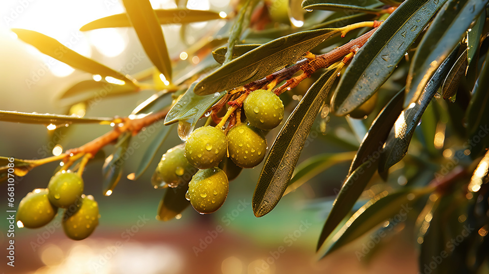 Closeup of olives with dew drops on the branch of olive tree on the sunset. Generative AI